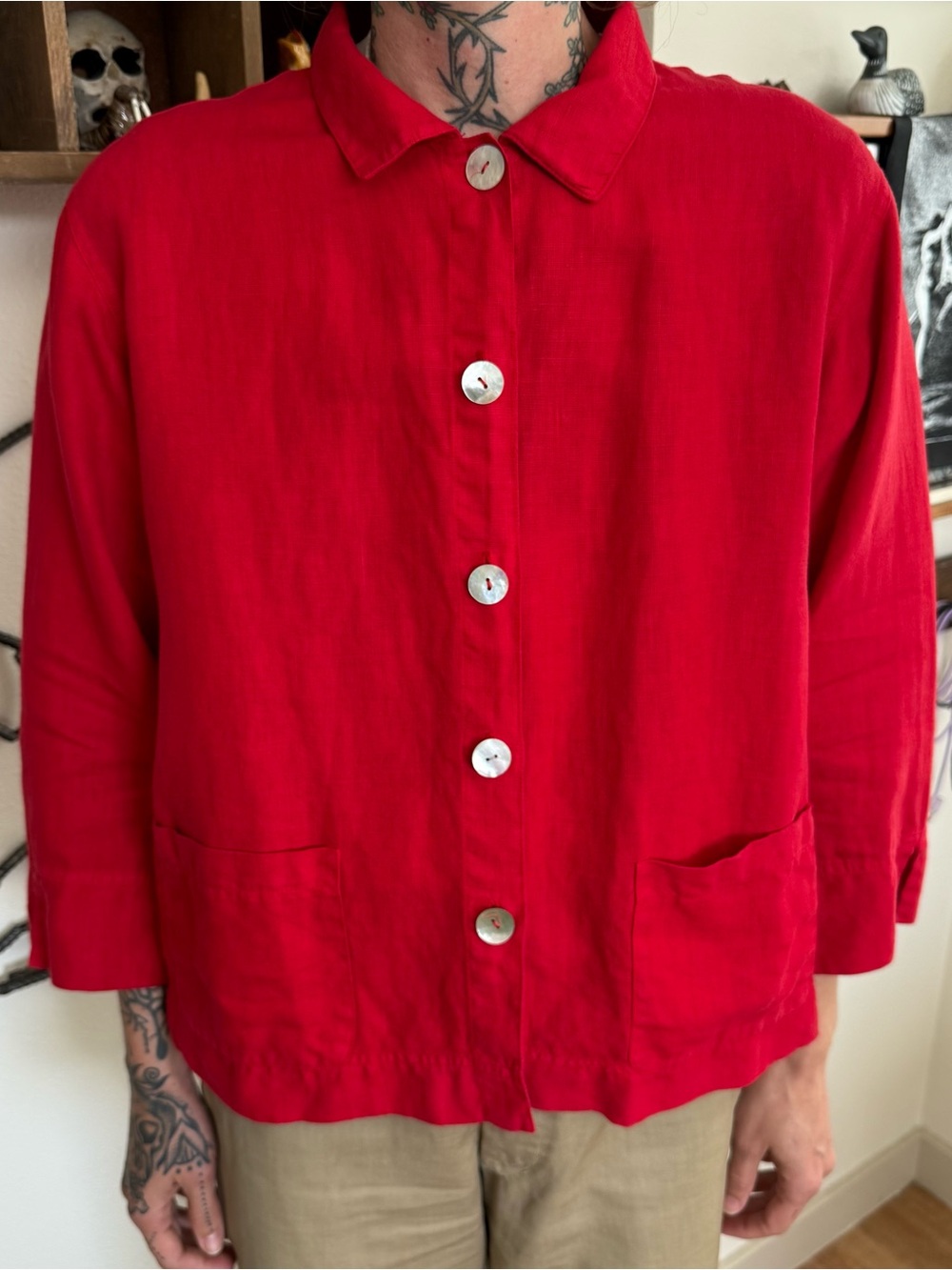 Vintage 90s Red Linen Minimalist Boxy Chore Jacket Shirt ~ Size Medium